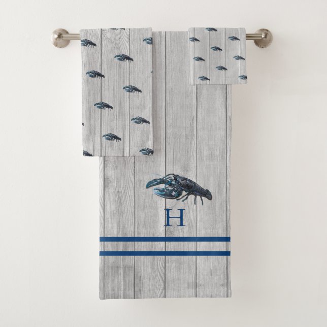 Custom Rustic Nautical Blue Lobster Grau Wood Case Badhandtuch Set (Insitu)