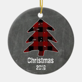 Custom Rustic Red Plaid Tree & Chalkboard Photo Keramik Ornament