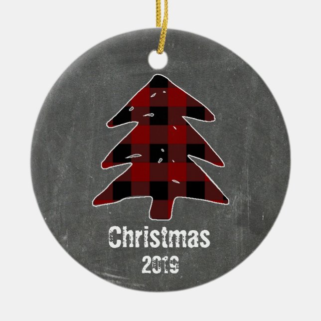 Custom Rustic Red Plaid Tree & Chalkboard Photo Keramik Ornament (Vorne)