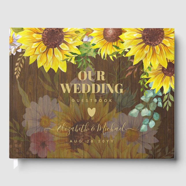 Custom Rustic Sunflowers Eukalyptus Blätter Weddin Gästebuch (Vorderseite)