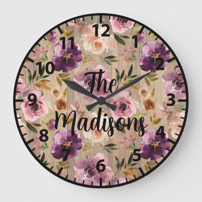 Custom Rustic Wood Blume Elegant Lila einzigartig  Große Wanduhr (Vorderseite)
