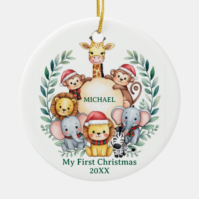Custom Safari Animals Baby 1st First Christmas     Keramik Ornament (Vorne)