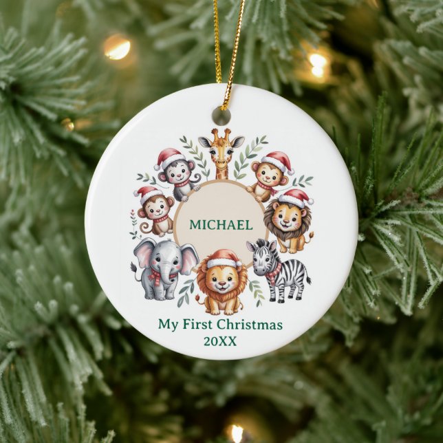 Custom Safari Animals Baby 1st First Christmas     Keramik Ornament (Baum)