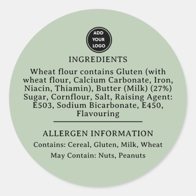 CUSTOM Sage Green Allergy Alert Bakery Sticker (Vorderseite)