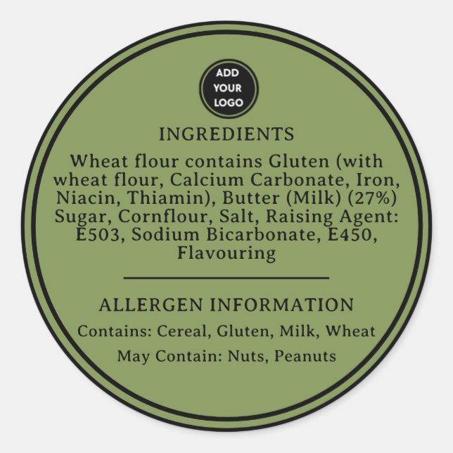 CUSTOM Sage Green Allergy Alert Bakery Sticker (Vorderseite)