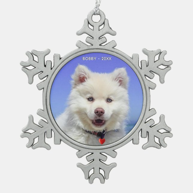 Custom Samoyed Dog Foto Schneeflocken Zinn-Ornament (Vorderseite)