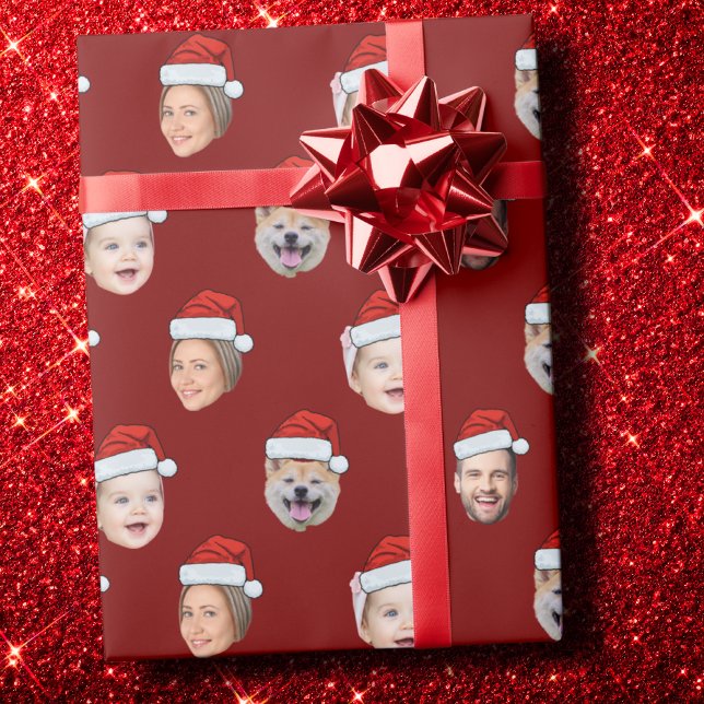 Custom Santa Hat Family Face 4 Photos Christmas Geschenkpapier (Von Creator hochgeladen)