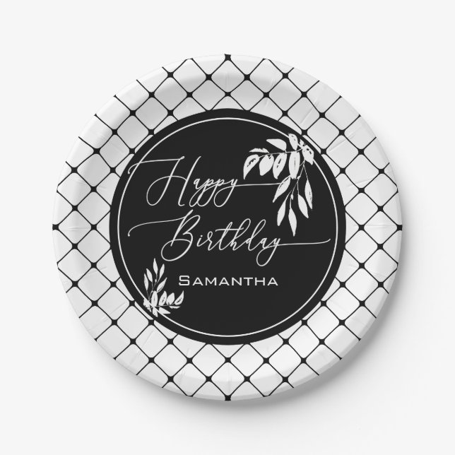 Custom Schwarz-weiß Happy Birthday Diamond Muster Pappteller (Vorderseite)