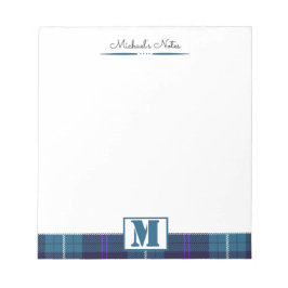 Custom Script Celadon Blue Kariert Tartan Monogram Notizblock