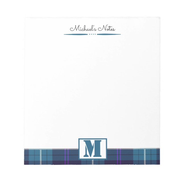 Custom Script Celadon Blue Kariert Tartan Monogram Notizblock (Vorderseite)