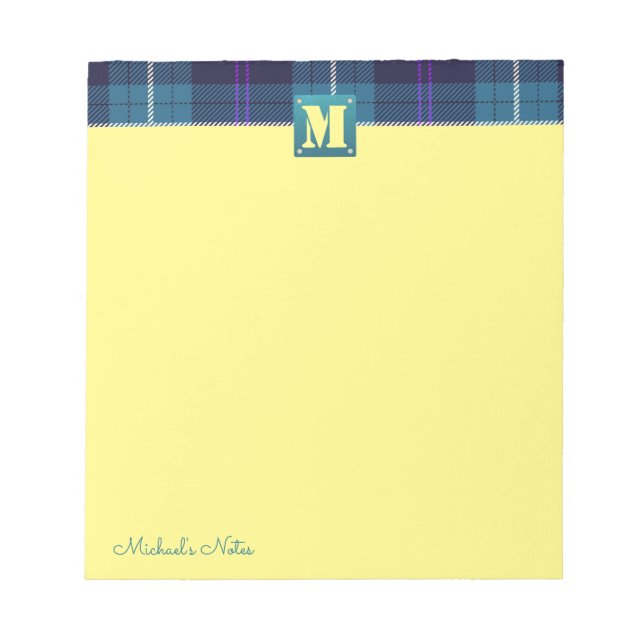 Custom Script Kariert Tartan Leather Monogram Yell Notizblock (Vorderseite)