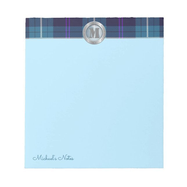 Custom Script Kariert Tartan Metallic Steel Monogr Notizblock (Vorderseite)