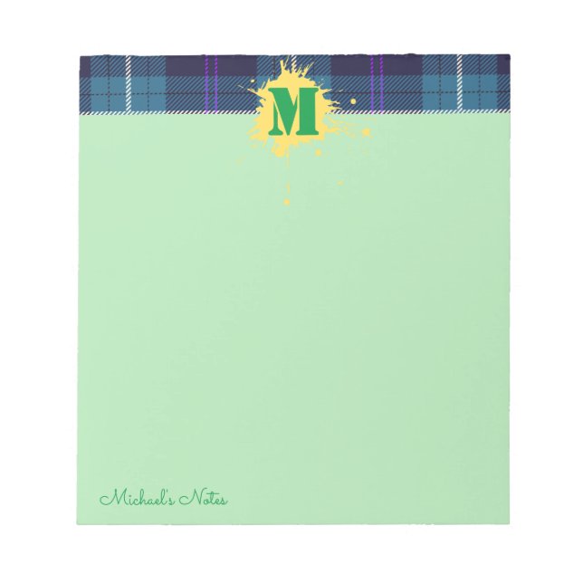 Custom Script Kariert Tartan Splash Monogram Green Notizblock (Vorderseite)