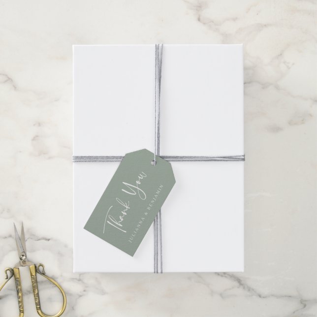 Custom Script Modern Dusty Sage Wedding Vielen Dan Geschenkanhänger (Mit Garn)
