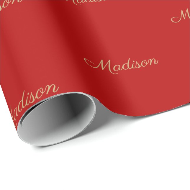 Custom Script Name gold crimson red Birthday Geschenkpapier (Rolleneckpunkt)