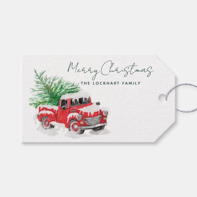 Custom Script Red Truck Weihnachtsfeiertag Geschenkanhänger (Vorderseite (Horizontal))