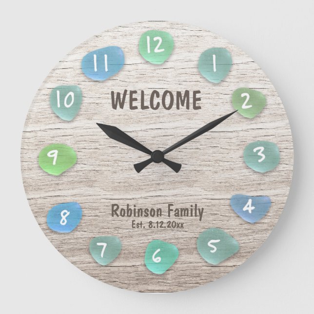 Custom Sea Glass Beach Driftwood Große Wanduhr (Vorderseite)