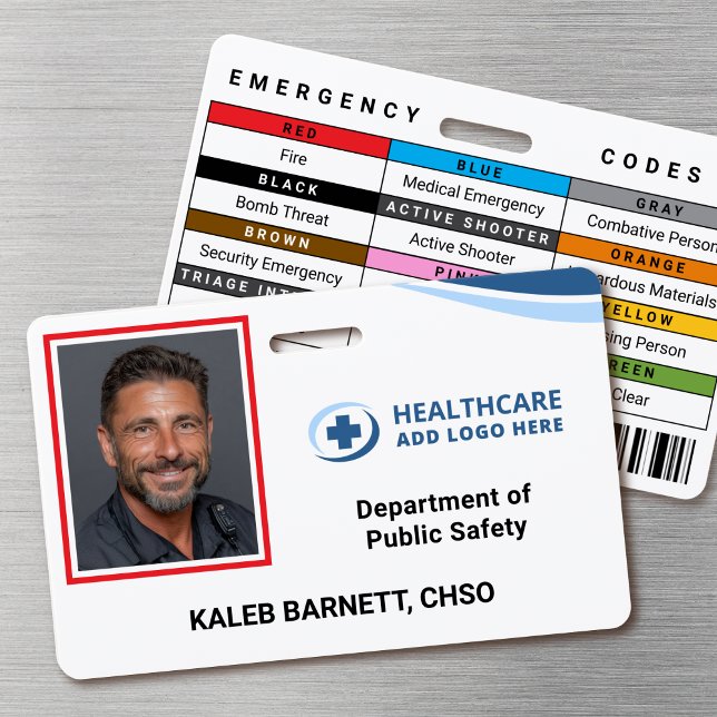 Custom Security Hospital Employee Photo ID Badge (Double-sided photo ID badge with custom emergency codes and barcode image)