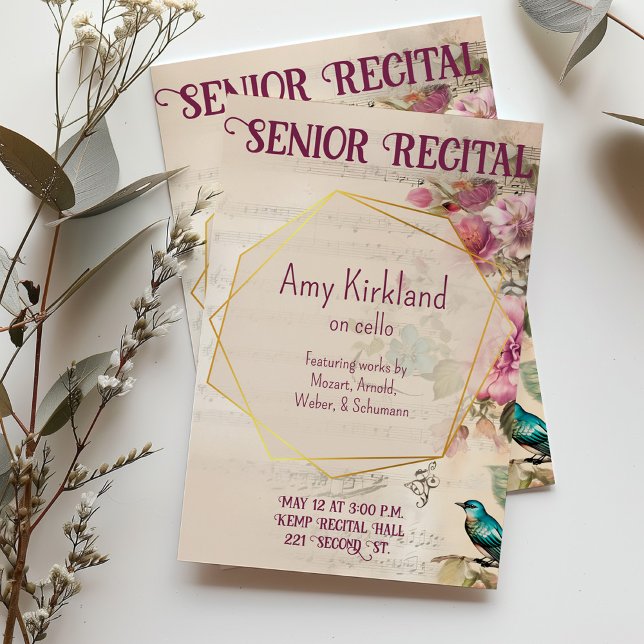 Custom Senior Music Erwägungsgrund Floral Bird The Einladung (Floral sheet music themed customizable recital invitation.)