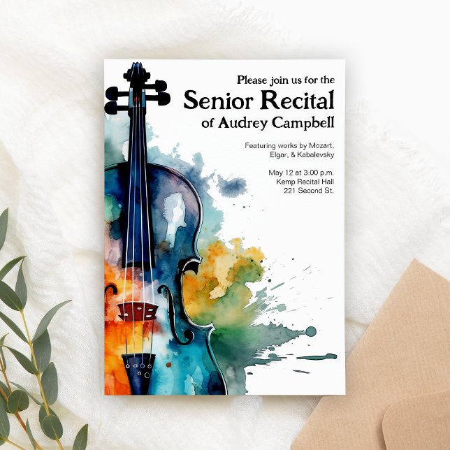 Custom Senior Violin Erwägungsgrund Musik Thema Einladung (Customizable recital invitation template for violin players.)
