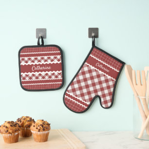 Custom Shabby Chic Red White Gingham Kariert Ofenhandschuh & Topflappen-Set