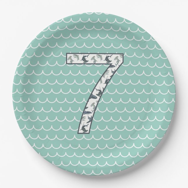 Custom Shark Birthday Plate | 7. Geburtstag | Ozea Pappteller (Vorderseite)