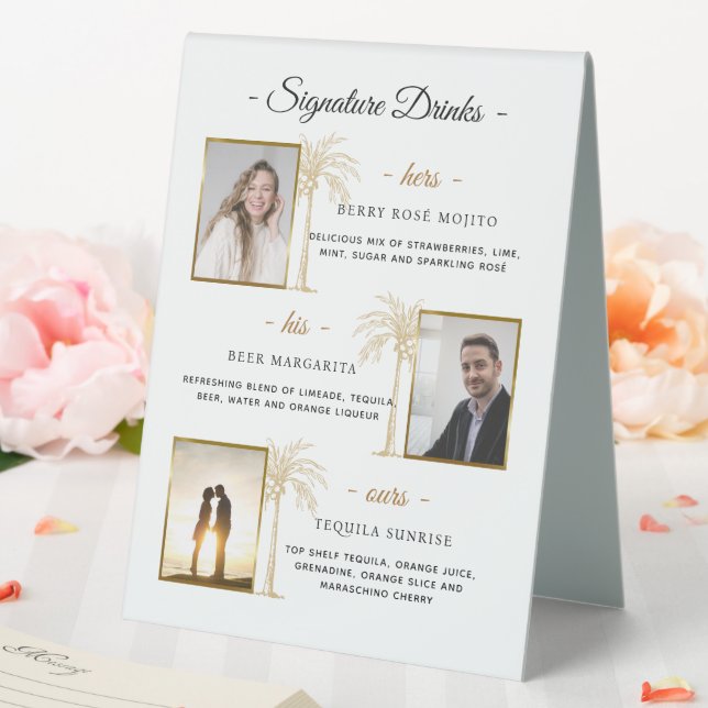 Custom Signature Drinks Gold Palm Wedding Foto Tischaufsteller (In Situ (Hochzeit))