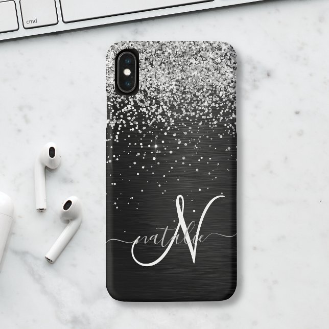 Custom Silver Glitter Black Sparkle Monogram Case-Mate iPhone Hülle (Von Creator hochgeladen)