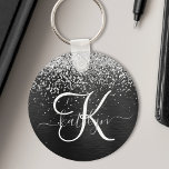 Custom Silver Glitter Black Sparkle Monogram Schlüsselanhänger<br><div class="desc">Easily personalize this trendy elegant keychain design featuring pretty silver sparkling glitter on a black brushed metallic background.</div>