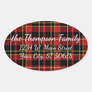 Custom Simple Merry Christmas Wish Tartan Pattern Ovaler Aufkleber