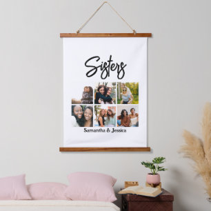 Custom Sisters Script 6 Foto Collage Wandteppich Mit Holzrahmen