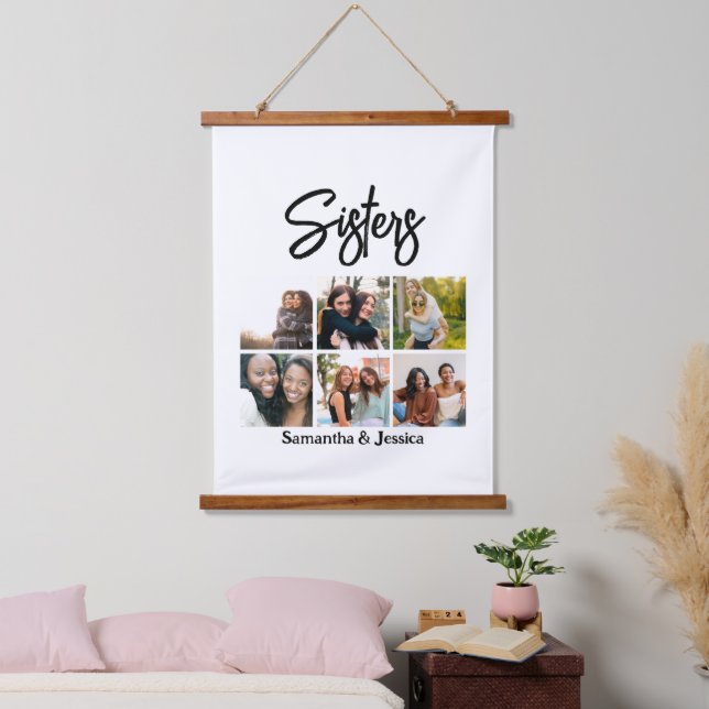 Custom Sisters Script 6 Foto Collage Wandteppich Mit Holzrahmen (Schlafzimmer)