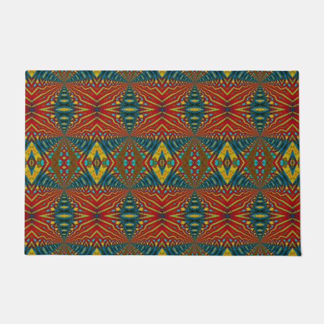 Custom Size Red Blue & Yellow Tribal Pet Bowl Mat Fußmatte (Vorderseite)