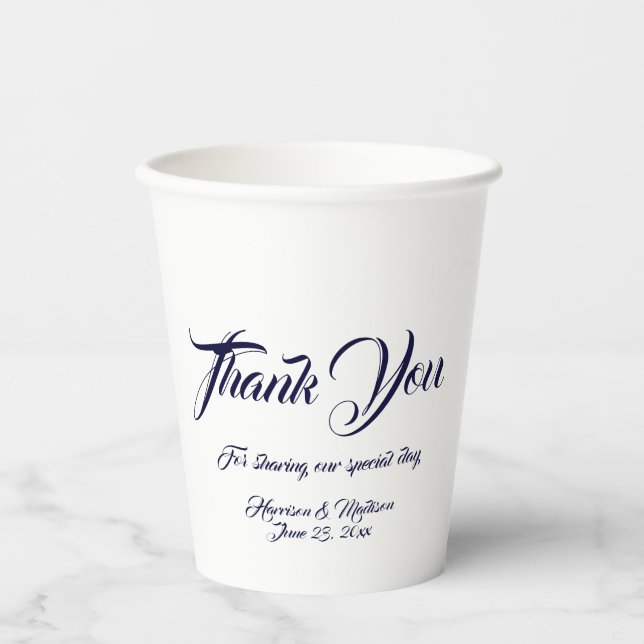 Custom Skript Marine blau weiß danke Ihnen Hochzei Pappbecher (Vorderseite)