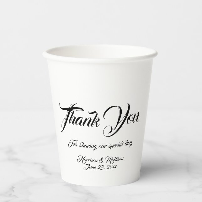 Custom Skript schwarz-weiß danke Hochzeit Pappbecher (Vorderseite)