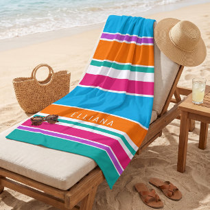 Custom Sky Blue Hot Pink Orange White Stripes Strandtuch