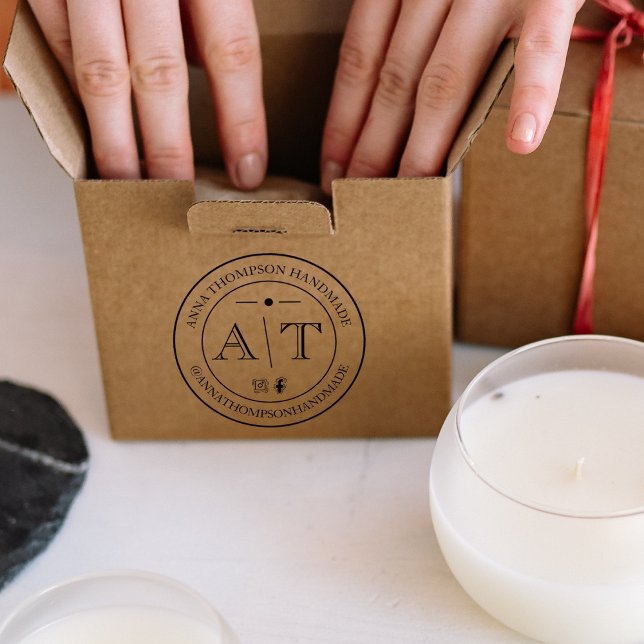 Custom Small Business Monogram with Social Media  Gummistempel (Von Creator hochgeladen)