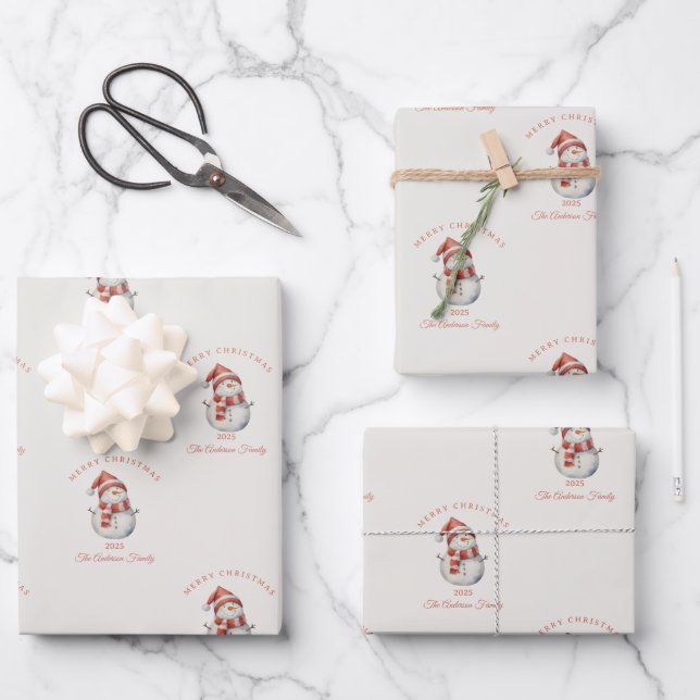 Custom Snowman Aquarell Weihnachtsgeschenk Geschenkpapier Set (Vorderseite)