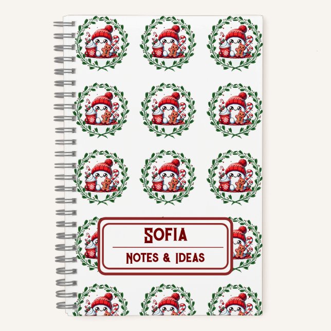 Custom Snowman Pattern Monogram Weihnachten Notizbuch (Vorderseite)
