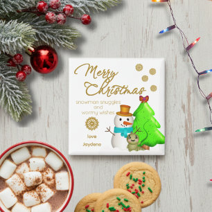 Custom Snowman, Tree & Wormy wünscht Weihnachten Magnet