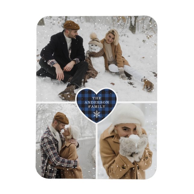 Custom Snowy Blue Buffalo Kariertes Foto Weihnacht Magnet (Vertikal)