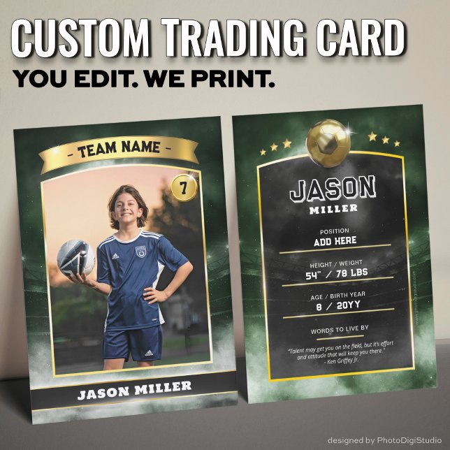 Custom Soccer Trading Card Green Gold Stadium Telefonnummerkarte (Custom Trading Card, Editable Soccer Trading Card, Modern Green Gold Stadium Design)