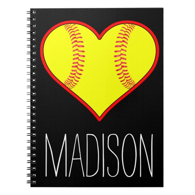 Custom Softball Heart Spiral Notebook Notizblock (Vorderseite)