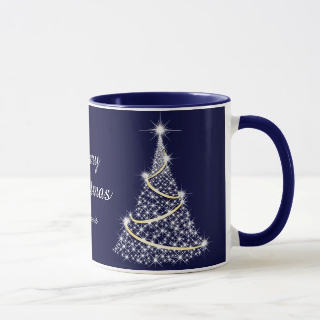 Custom Sparkling White Blue Weihnachtsbaum Urlaub Tasse (Rechts)