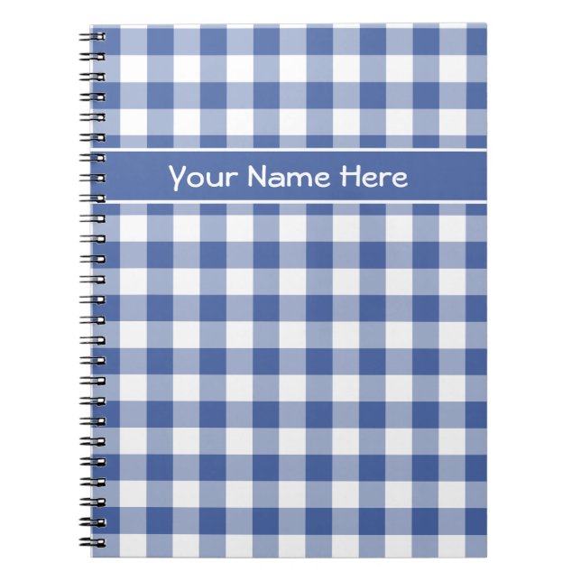 Custom Spiral Notebook Dark Blue und White Gingham Notizblock (Vorderseite)