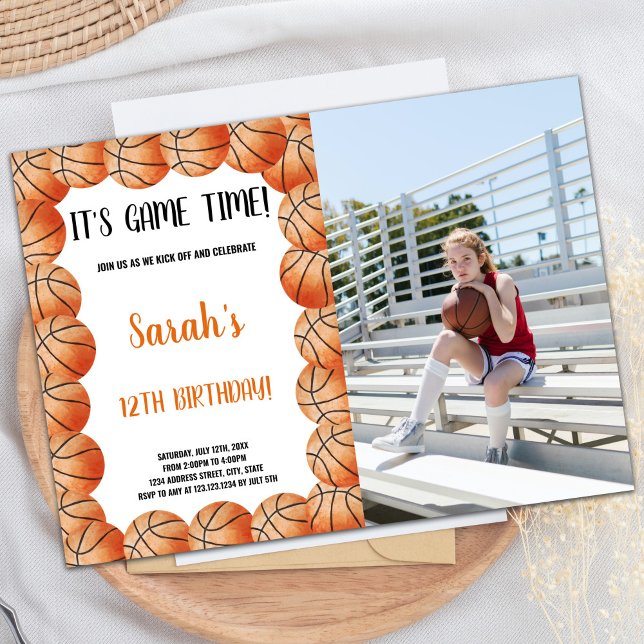 Custom Sports Party Einladung für Kinder (Basketballs Orange Round Birthday Invitations phot)