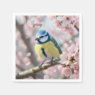 Custom Spring Party Blue Tit Bird on Cherry Tree Serviette