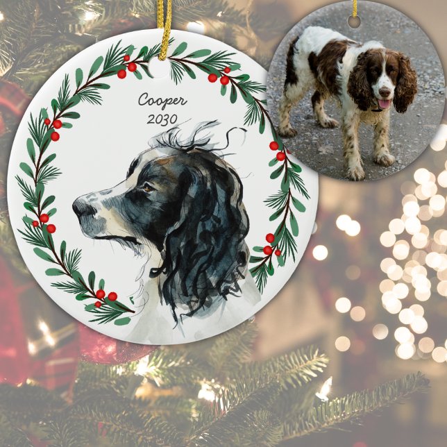 Custom Springer Spaniel Dog Foto Weihnachtsfeier Keramik Ornament (Perfect gift for Springer Spaniel owners. Customize with dog's name, photo and year. )