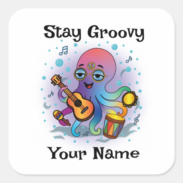 Custom Square Sticker | Retro Octopus Name & Text (Vorderseite)