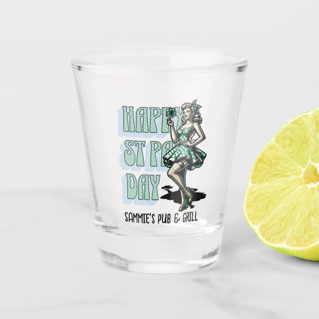 Custom St Patrick's Day Pinup Girl mit Kleeblatt Schnapsglas (Vorderseite)